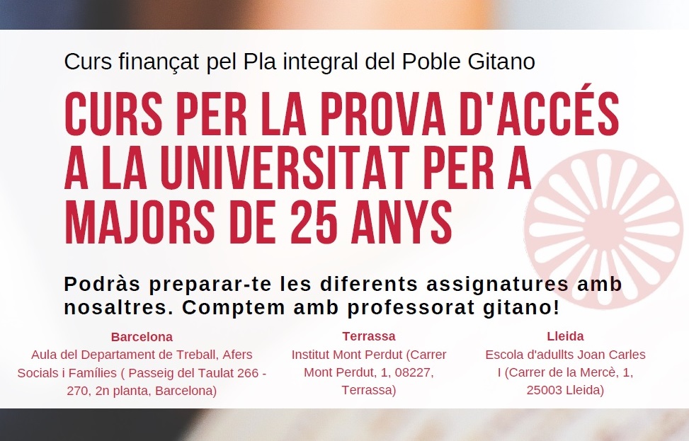 Cursos para preparar la prueba de acceso a la universidad para mayores de 25 años del Plan Integral del Pueblo Gitano en Cataluña